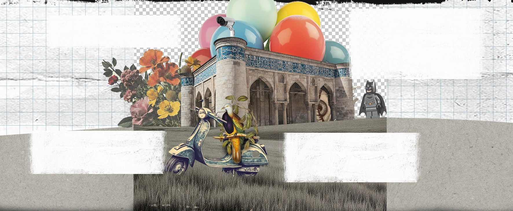 CAT Studio collage with balloons, Iranian architecture, flowers and a scooter